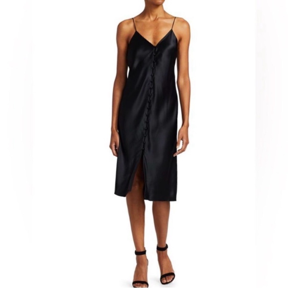 Cami NYC Silk Black Slip Midi Dress with Front Buttons